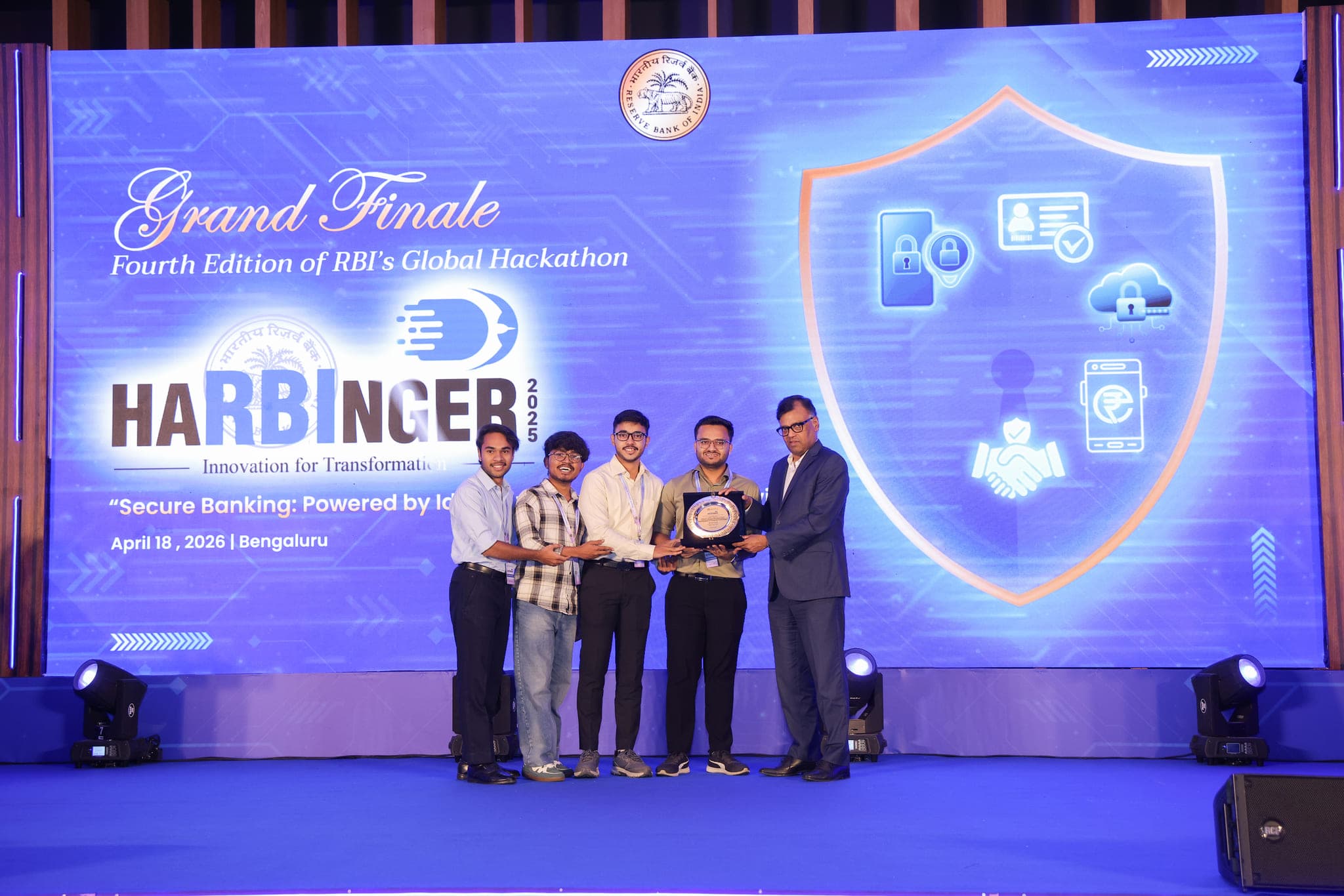Team receiving the winner's award at the RBI HaRBInger 2025 Grand Finale, Bengaluru